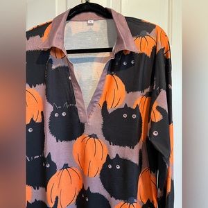 🎃 & Fluffy Black Cat Long Sleeve Shirt / Lightweight, Small Collar, Halloween